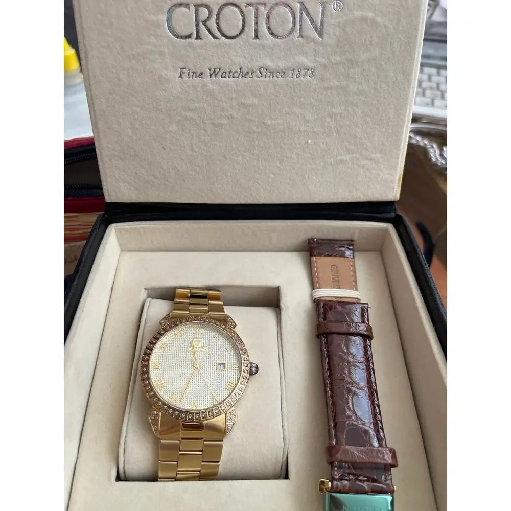 Croton Swiss Quartz Men’s Gold Tone Watch Crystal Bezel Date Sapphire Crystal